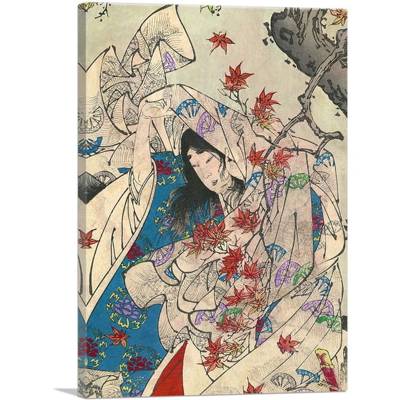 ARTCANVAS Maple Leaf Gathering Canvas Art Print by Yoshitoshi - Size: 12" x 8" (0.75" Deep)