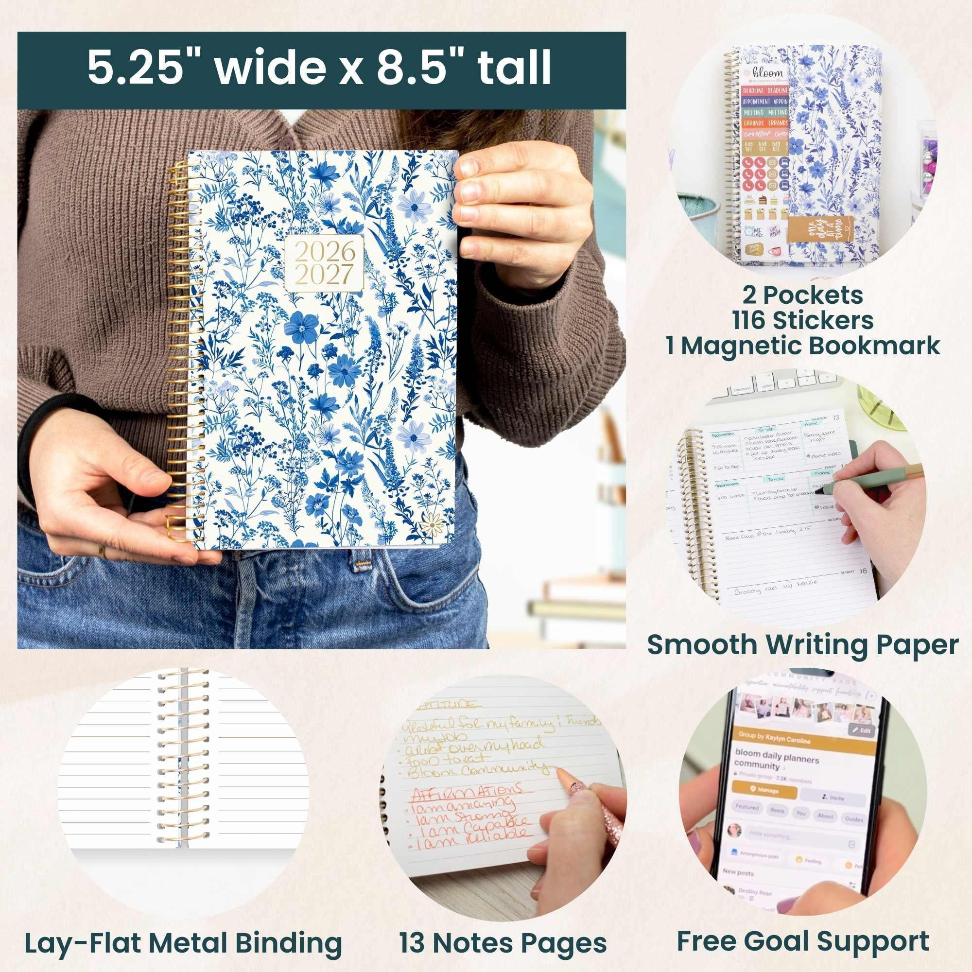 bloom daily planners 2026-2027 Academic Planner, 13 Month Monthly & Weekly Soft Cover, 5.5" x 8.25", Stickers Included, Blue & White Floral