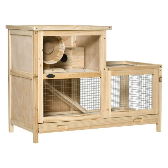 Hamster Cage 2-Tier Wooden Small Animal Habitat with Ladder & Wheel - Natural Wood Pet Home for Syrian Hamsters, Gerbils, Mice - Easy Clean Tray
