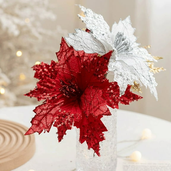 harmtty 1Pc Christmas Flower Simulation Poinsettia Sequins Decoration Cloth Flower Fake Flower Christmas Party Decoration for Indoor Outdoor