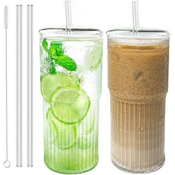 Glass Cups with Lids and Glass Straws, High Borosilicate 20OZ Tumblers (2Pcs) for Coffee, Tea, Juice, Smoothies, Hot/Cold Drinks at Home, Office
