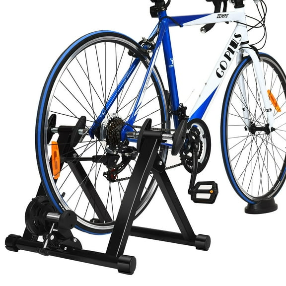LYYHTY Folding Magnetic Bike Trainer Stand, Indoor Bicycle Exercise Trainer for 26”-28” Bikes, Adjustable Magnetic Resistance, Quiet Flywheel, Front Wheel Block & Quick Release Lever, Black