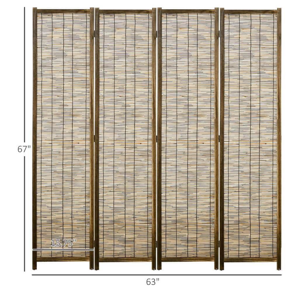 Yardi Yarda 63"x67"x0.75" Hand Woven Room Divider, 4 Panel Folding Privacy Screen, Reed Partition Wall for Indoor, Brown