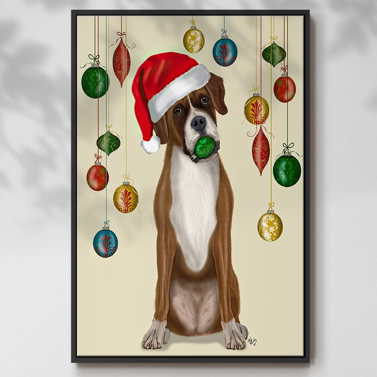 Christmas Boxer and Bauble Ball - Framed Gallery Wrapped Holiday Canvas - 17 x 25 - Black Frame