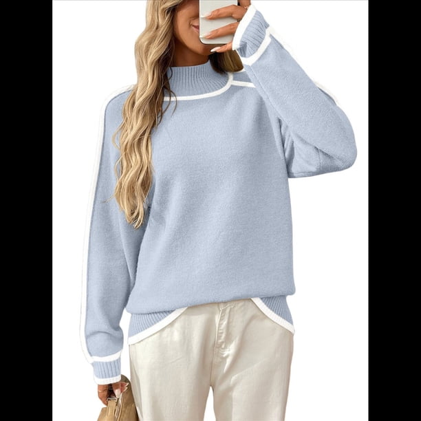 Suéteres para Mujer, Modernos, Bonitos y Acogedores, con Cuello Alto, Larga, de Punto con Bloques de Color Azul M