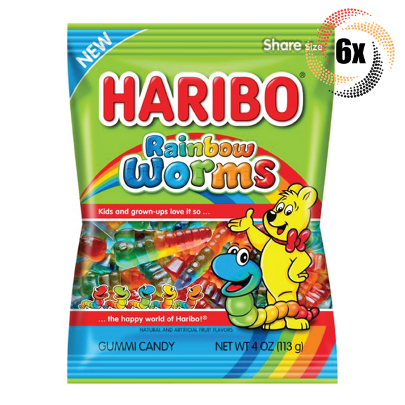 6x Bags Haribo Rainbow Worms Flavor Gummi Candy Peg Bags | Share Size | 5oz