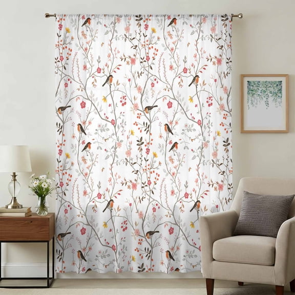 Flowers Birds Sheer Curtains 108" Extra Long, Farmhouse Botanical Floral Branches Plants Light Filering Curtains, Privacy Drapes Simi Floor to Veiling Curtain for Living Room Bedroom Window Treatment