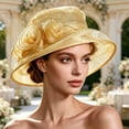 thumbnail image 2 of Women Organza Church Hat Floral Wide Brim Fascinator Derby Hat Wide Brim Sun Hats Wedding Tea Party Derby Occasions Gold Free Size, 2 of 6
