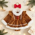 thumbnail image 5 of Emitonse Toddler Rompers Girl Toddler Jumpsuit Baby Girl Christmas Fuzzy Plush Skirted Romper Dress With Red Bow Headband Holiday Outfit Size 12-18 Months,Brown, 5 of 9