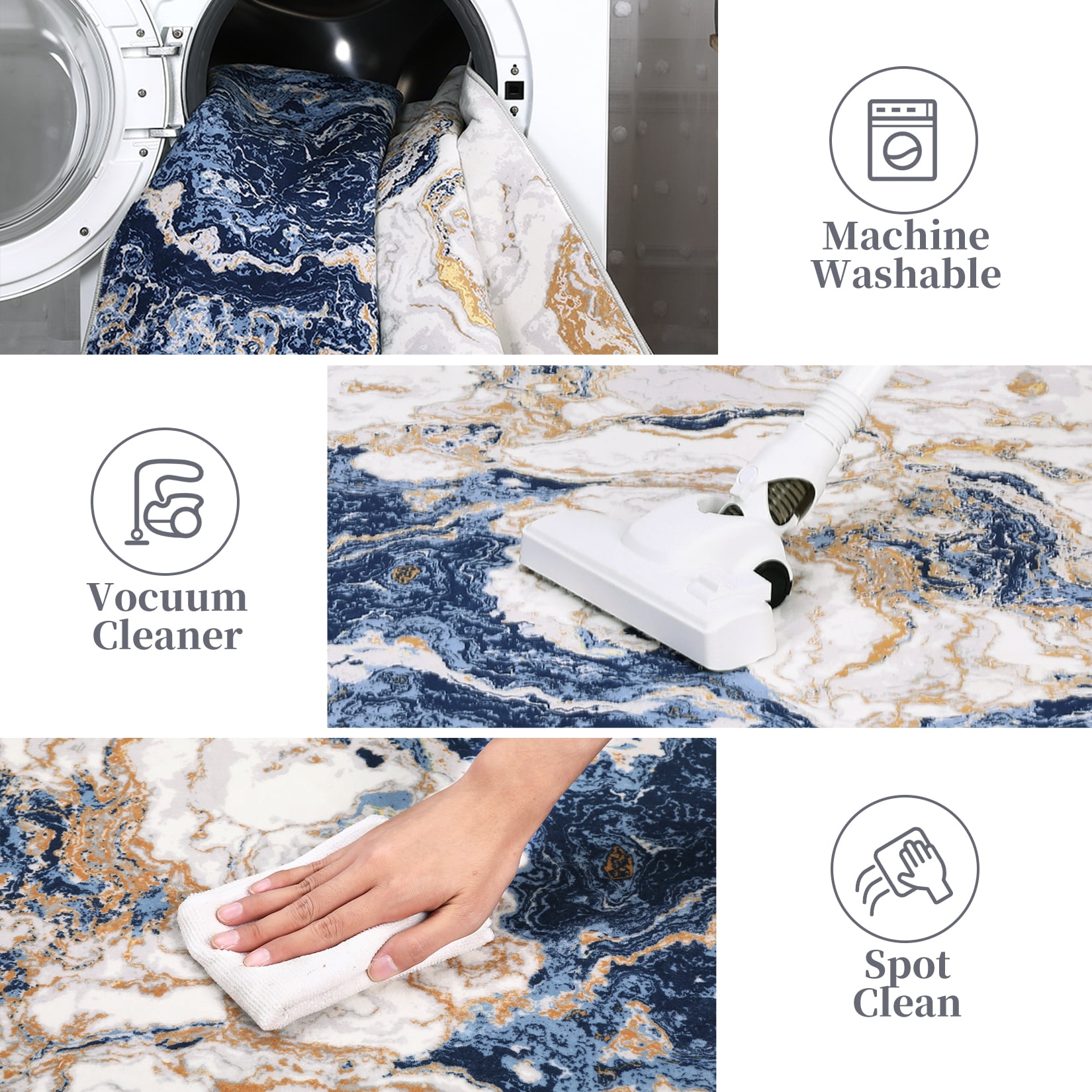 Modern Abstract Marble Print Area Rug 4' x 6'– Soft, Washable, Non-Slip & Non-Shedding(Navy Blue)