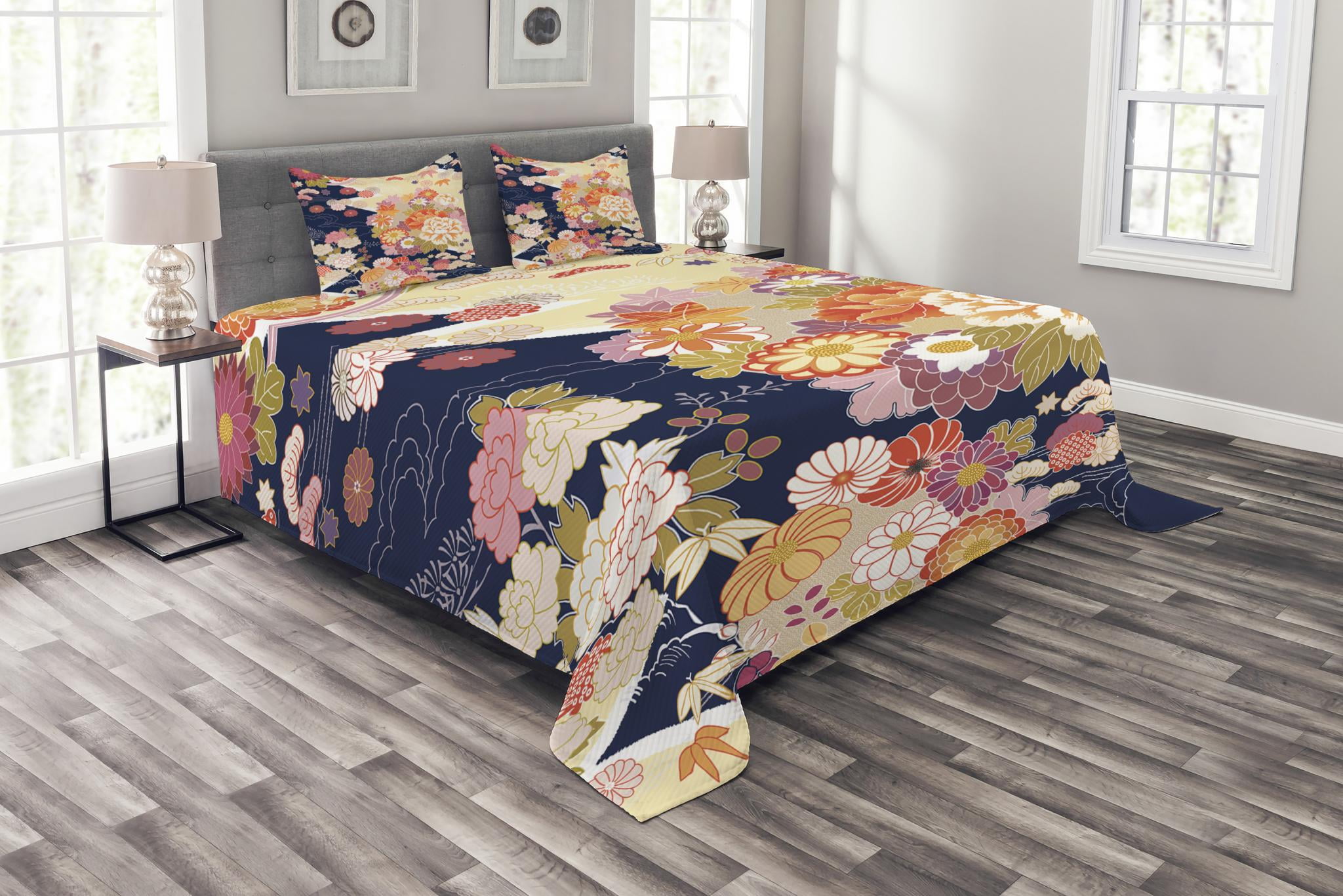 Japanese Bedspread Set, Traditional Kimono Motifs Composition Asian