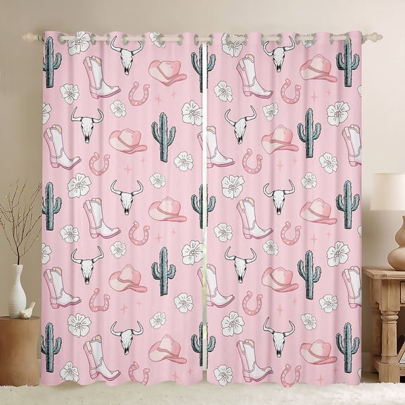 Manfei Cowgirl Boots Hat Blackout Curtains Set of 2 (52x84 Each),Rustic Bull Skull Window Curtains,Pink Flower Green Cactus Curtains and Drapes For Girl Teens,Breathable Home Decor