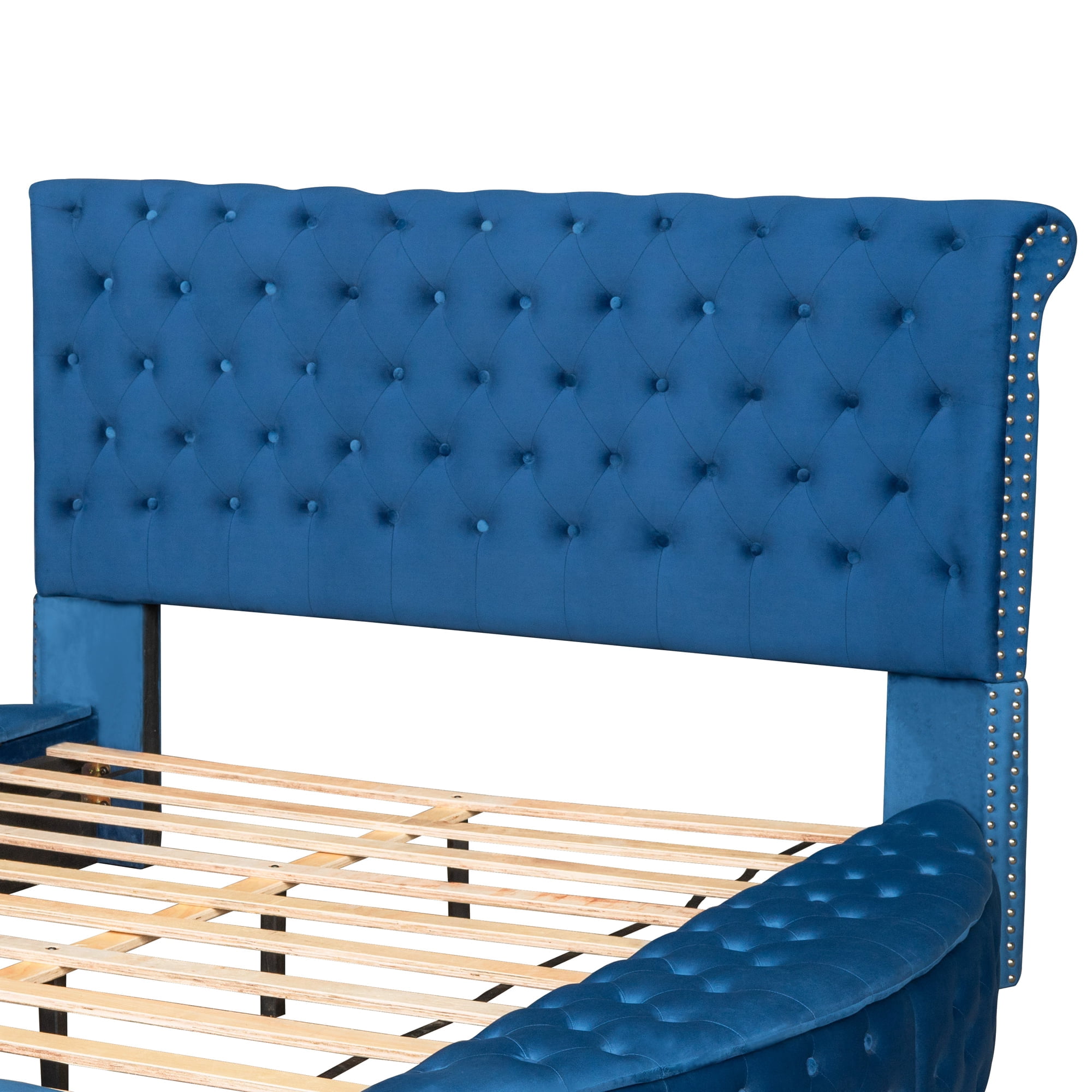 Full Size Round Shape Upholstery Low Profile Storage Platform Bed with Storage Space on Both Sides, Blue