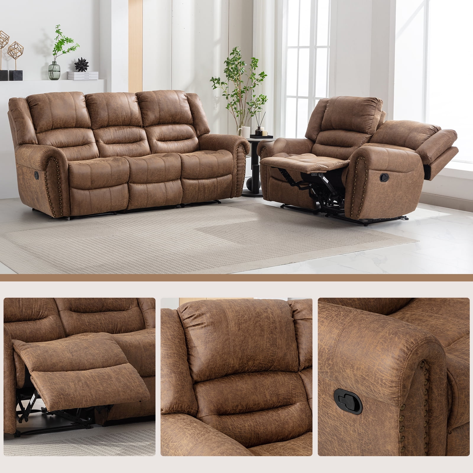 Bonzy Home Manual Recliner Sofa Living Room Furniture Set, Manual Recliner Chair Adjustable Backrest, Manual Loveseat and 3 Seat Recliner Sofa Couch Set for Living Room