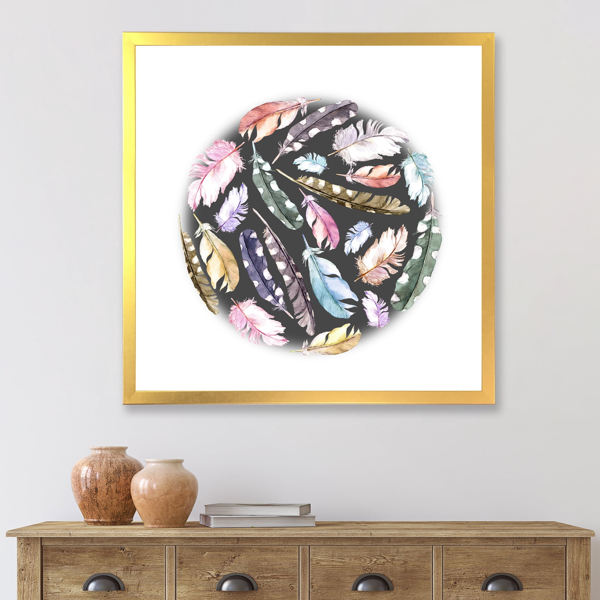 Designart 'Colorful Boho Feathers In Circle Shape' Bohemian & Eclectic Framed Art Print