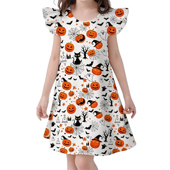 WAYUTE Girls Halloween Flutter Sleeve Dress Cartoon Pumpkin Print Soft Lightweight A Line Dress for Theme Party Casual Outdoor,White,Size 7-8 Y