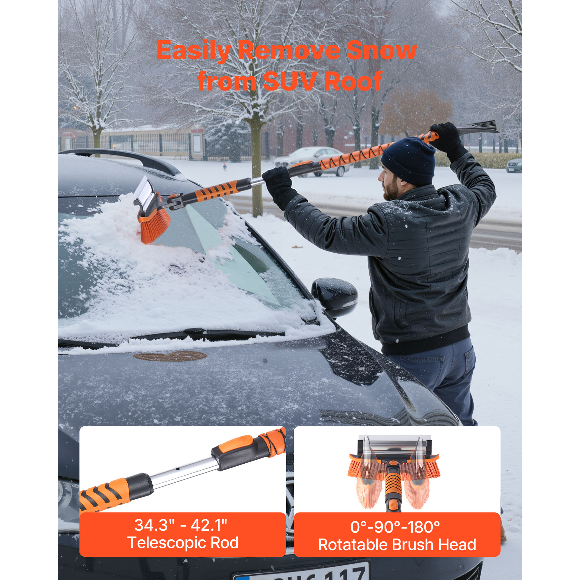 KFFKFF 3-in-1 Car Snow Brush with Ice Scraper, Squeegee, and Adjustable 180° Brush Head, Extendable Aluminum Handle (34.3"-42.1") with Foam Grip for Windshield, Windows, RVs, Trucks, and SUVs