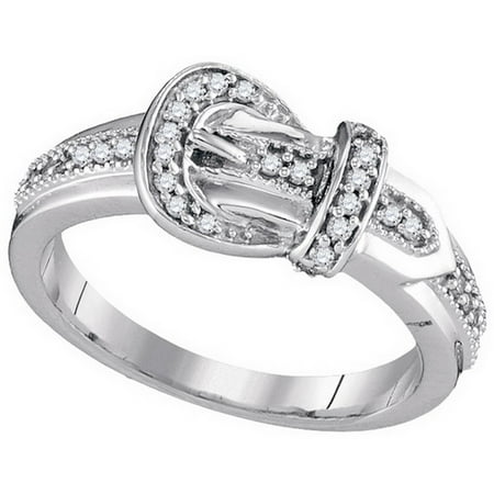 Size - 7 - Solid 10k White Gold Round White Diamond Channel Set Buckle Fashion Ring (1/5 cttw)