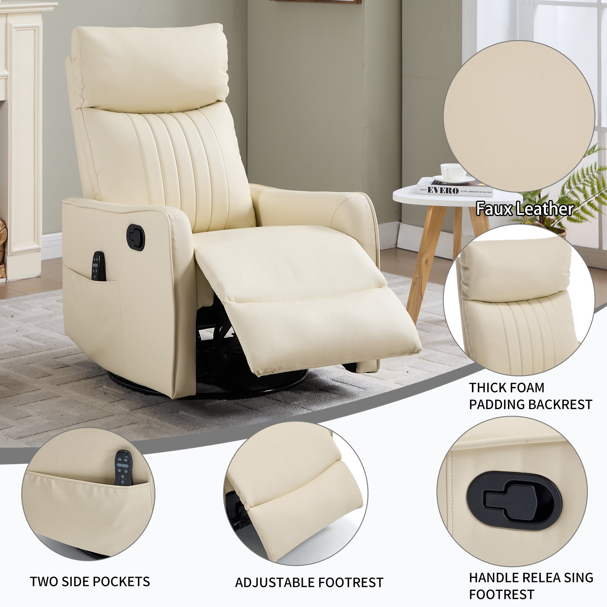 Gewnee 360° Swivel Rocking Recliner with Massage & Heat, Adjustable Reclining Angle, for Living Room & Office，Beige