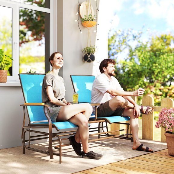 Outsunny Outdoor 2-Person Glider Bench with Table, Outside Breathable Mesh Swing Chair for Patio, Garden, Backyard, Porch, Blue