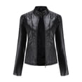 thumbnail image 2 of AZoiNM Women's Solid Textured PU Leather Jacket Stand Collar Casual Long Sleeve Coat, 2 of 13