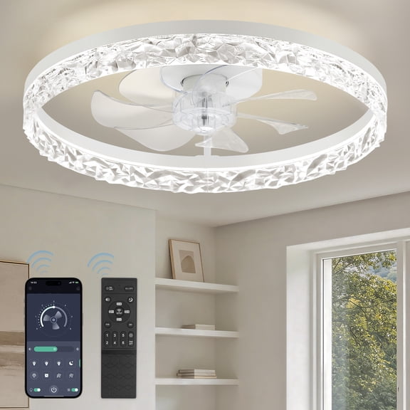 Lokivas 20 inch White Modern Ceiling Fan with Light, Flush Mount Quiet Low Profile, 6 Speeds, APP and Remote Control, Dimmable LED with Timer, Night Light & Memory Function for Indoor Bedroom