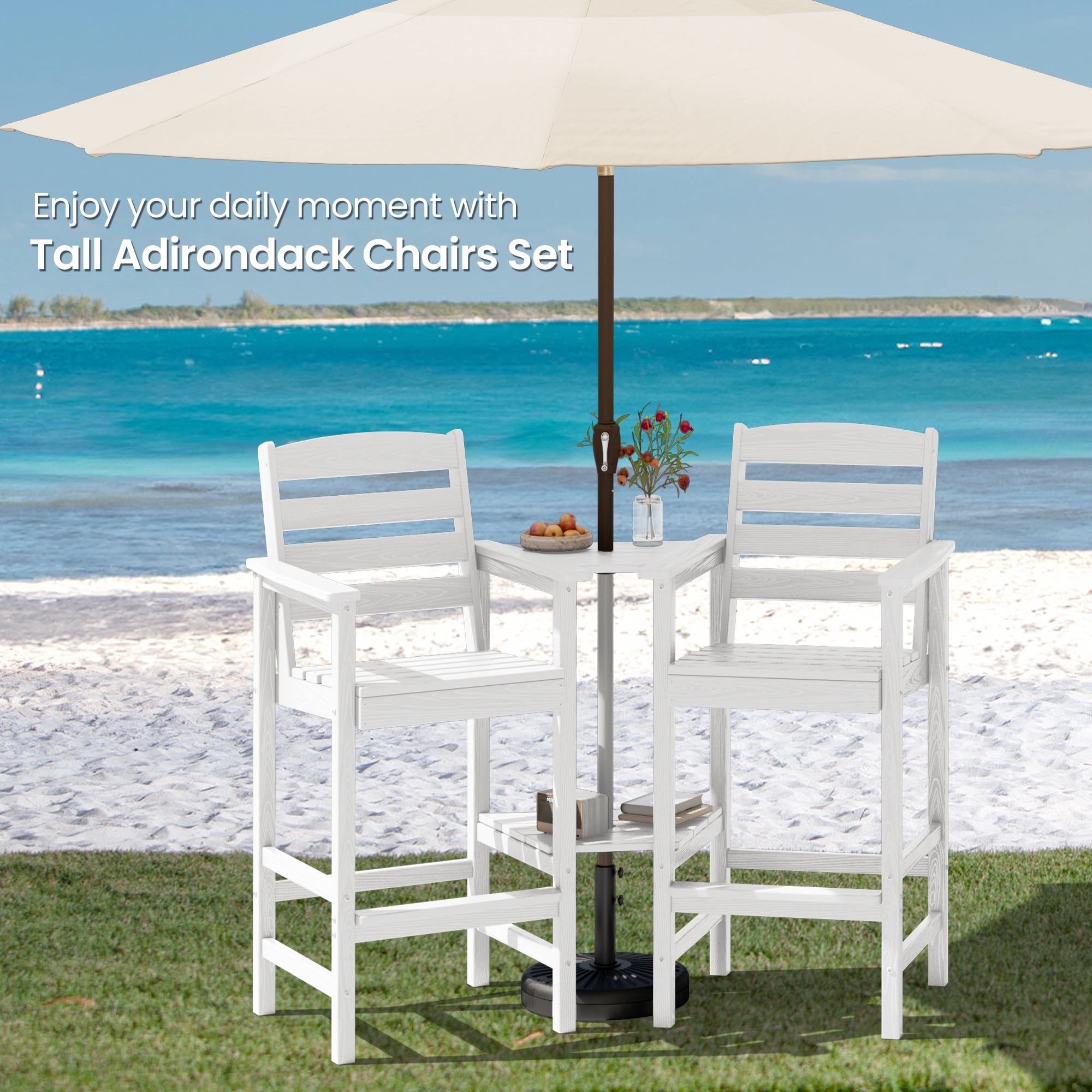 SERWALL Tall Adirondack Chairs Set of 2 with Connecting Table, HDPE Adirondack Outdoor Barstools, White