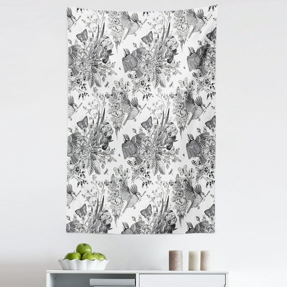 Floral Tapestry, Detailed Engraving Look Spring Sketch Butterfly Flowers Leaves Print, Fabric Wall Hanging Decor for Bedroom Living Room Dorm, 5 Sizes, Charcoal Grey and White, by Ambesonne