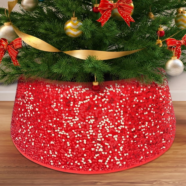Collier de Sapin de Noël, Collier de Sapin de Noël à Paillettes Rouges pour Arbres Artificiels, Jupe de Sapin de Noël de 23,6 Pouces, Couvre-Base de Support d'Arbre, Boîte de Base d'Arbre, Anneau d'Arbre de Décoration pour la Maison des Fêtes