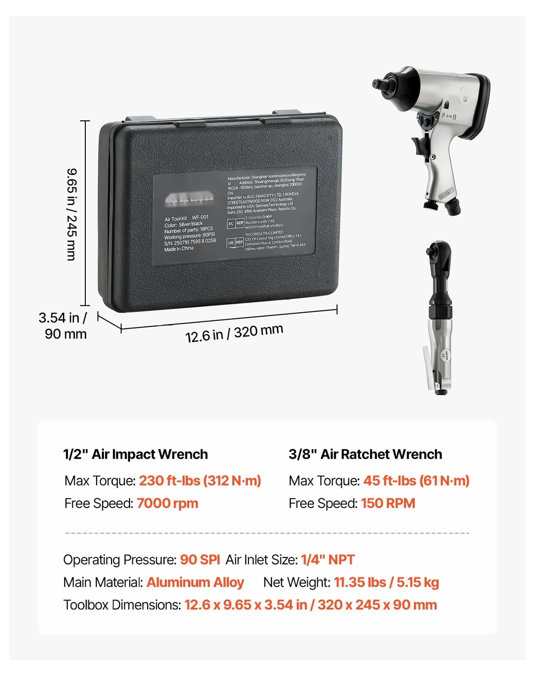 1/2" Air Impact Wrench & 3/8" Ratchet Wrench Combo Kit, 19pc Pro Air Tools Set - Auto Repair, DIY, Impact Sockets, Carrying Case