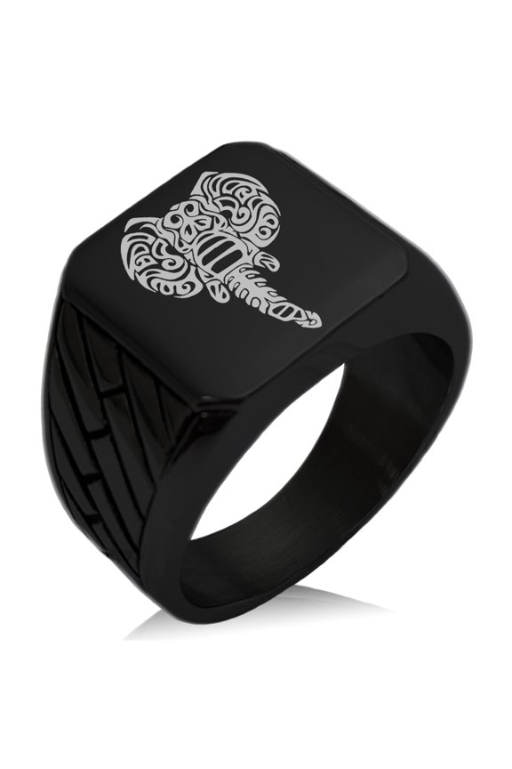 Stainless Steel Juggernaut Elephant Geometric Pattern Biker Style Polished Ring