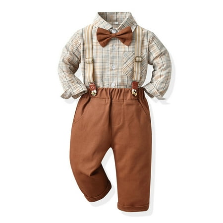 

Yubatuo Toddler Baby Boys Gentleman Bow Tie Solid T-Shirt Tops+Suspender Pants Outfits Brown 160