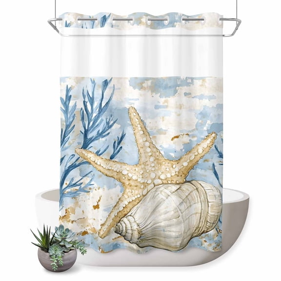 No Hook Shower Curtain with Built-in Rings - Blue Coastal Ocean Beach Themedl Washable Waterproof Fabric Bathroom Curtains for Hotel,Rentals, 60 X 72 Inch Long , Starfish Shell Coral