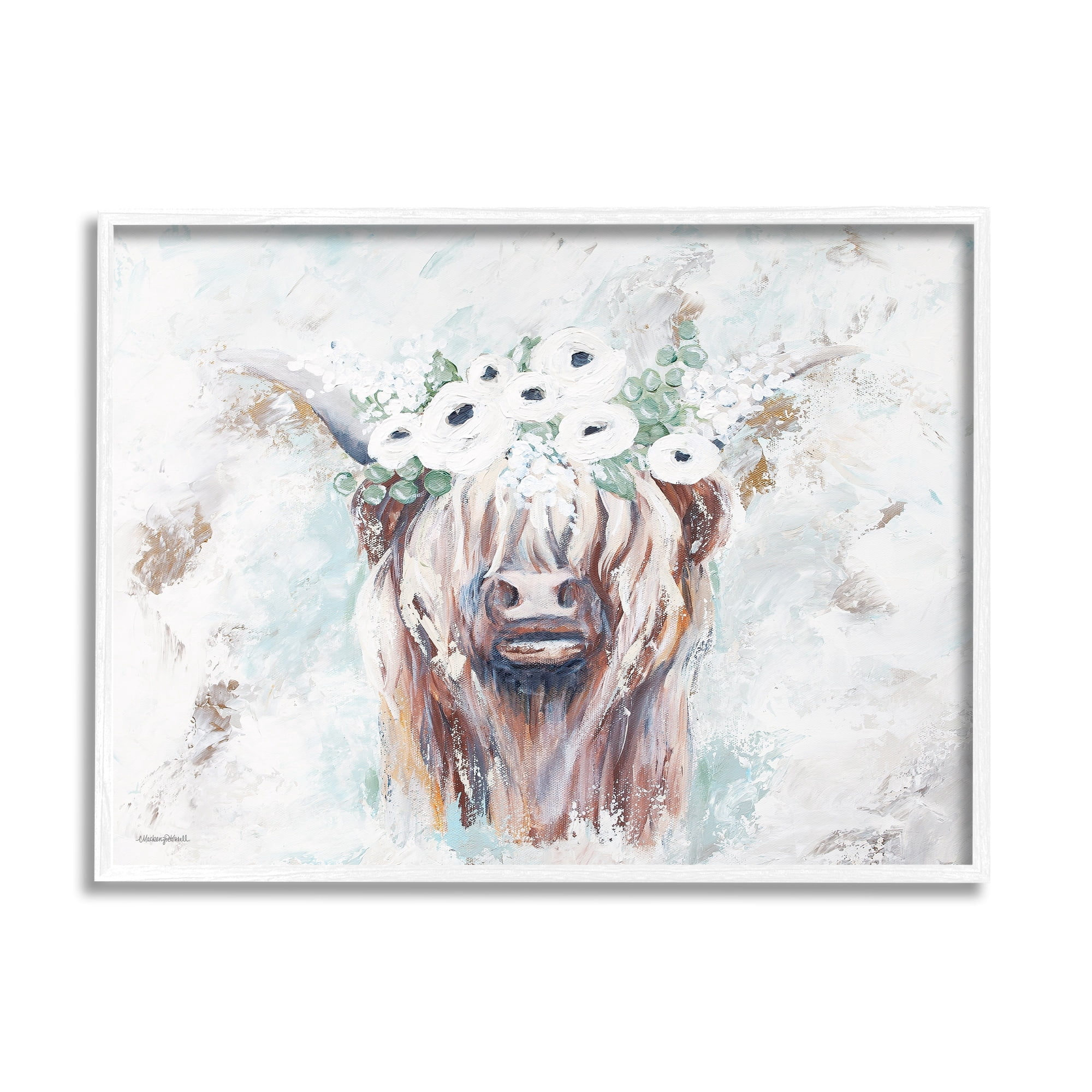 Stupell Industries Rustic Country Longhorn Cattle Flecked Flower Blossoms Framed Wall Art, 30 x 24, Design by Mackenzie Kissell