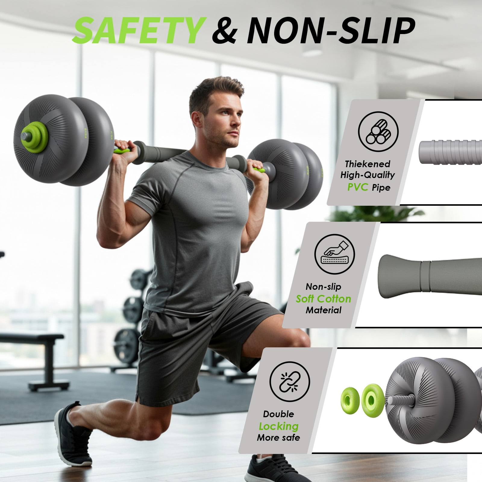 LIFERUN Adjustable Dumbbell Set, Soft PVC, 45lbs/67lbs Free Weight Set. 4-in-1: Barbell, Dumbbells, Kettlebell, Weight Plates, Green.
