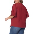 thumbnail image 3 of Blusa de gasa de mujer plus size Agnes Orinda, con cuello en V, mangas cortas abullonadas, casual, color burdeos, talla 1X, 3 of 6