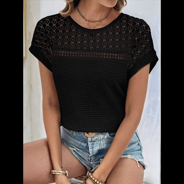 Top Tipo Túnica Holgado de Punto con Escote Redondo y Aberturas para Mujer, Color Negro, Talla S