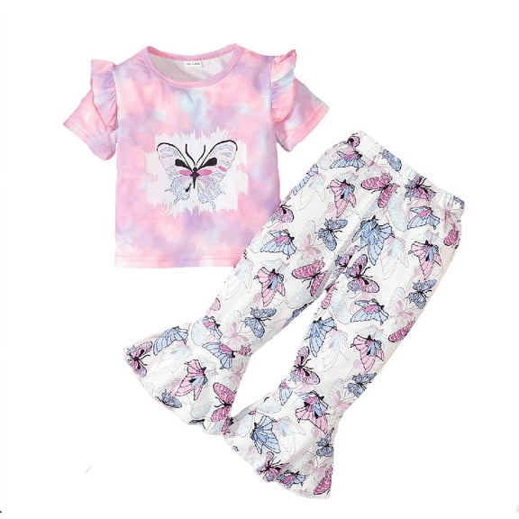 Mikrdoo 5T Little Girls Clothes Girls Outfits Butterfly Print Tie-dye Tops Bell-bottomed Pants 2Pcs Nice Apparel OOTD Pink 5-6 Years