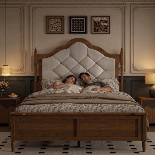 Full Size Bed Frame with Upholstered Headboard and Panel Footboard, Vintage Mid-Century Farmhouse Style, Brown Wood Platform Bed