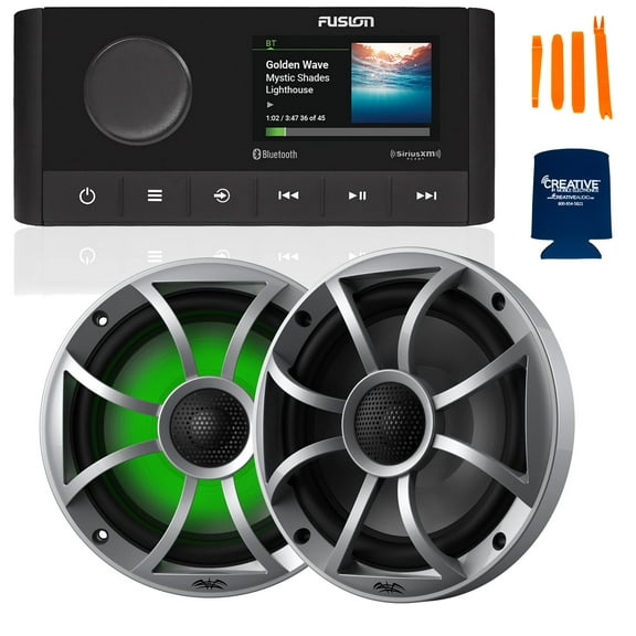 Fusion MS-RA210 Marine AM/FM/BT/NEMA2000/Sirius XM Ready Stereo with 1 Pair Wet Sounds RECON 6-S RGB High Output 6.5" RGB Lighting Marine Coaxial Speakers, Silver Grill