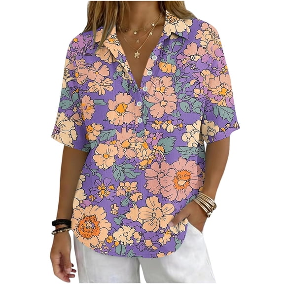 Guluxicc Polo Shirts for Women 3/4 Sleeve Floral Trendy Tops Summer V Neck T Shirts Fashion Clothing