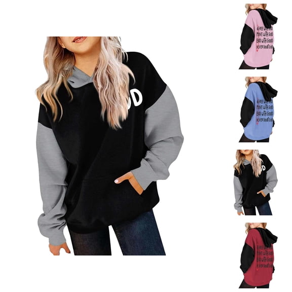Kids Christian Hoodies Color Block Long Sleeve Cute Graphic Hooded Sweatshirt with Pockets for Boys Girls Pullover Top