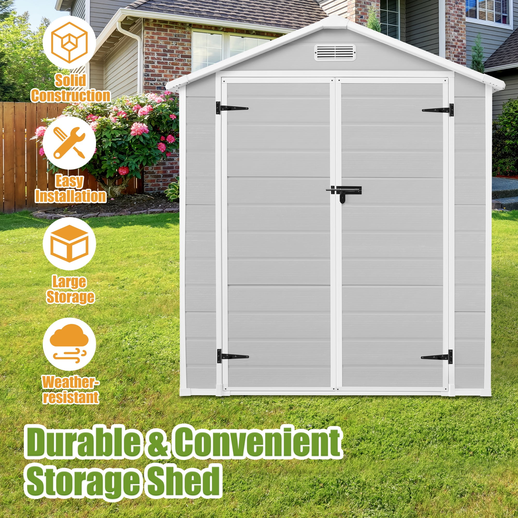 6x4 FT Resin Storage Shed, SESSLIFE Backyard Storage Sheds with Lockable Door, Garage Patio Garden Storage Shed, TE2770