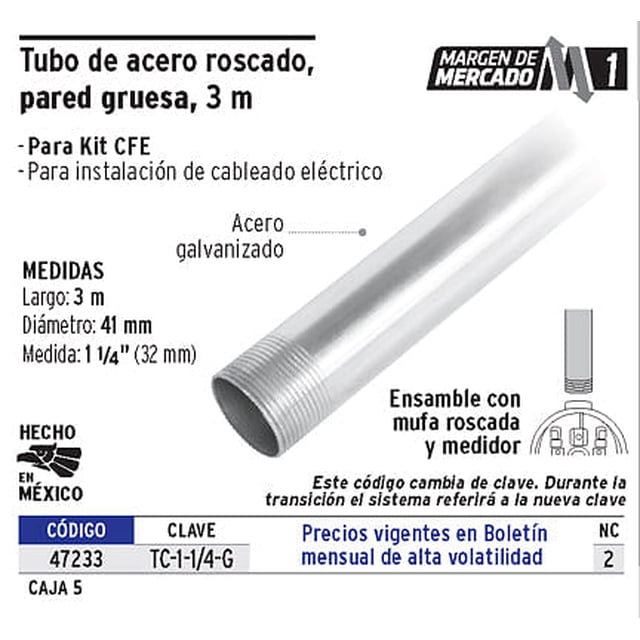 Tubo 1-1/4' de acero galvanizado 3 m, para pared gruesa Volteck Tubo 1-1/4' de acero galvanizado 3 m, para pared gruesa