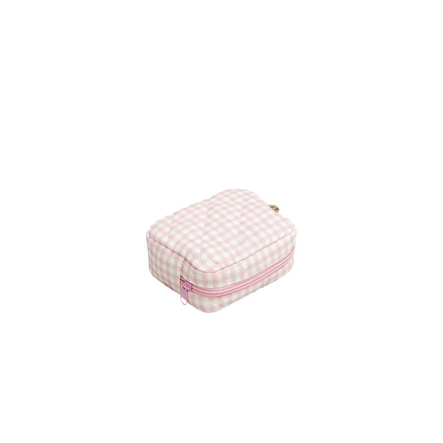 Set de neceser de viaje. Bolsa de cosméticos acolchada y organizadora para mujeres y niñas. Estampado de cuadros vichy con volantes. Mini almacenamiento
