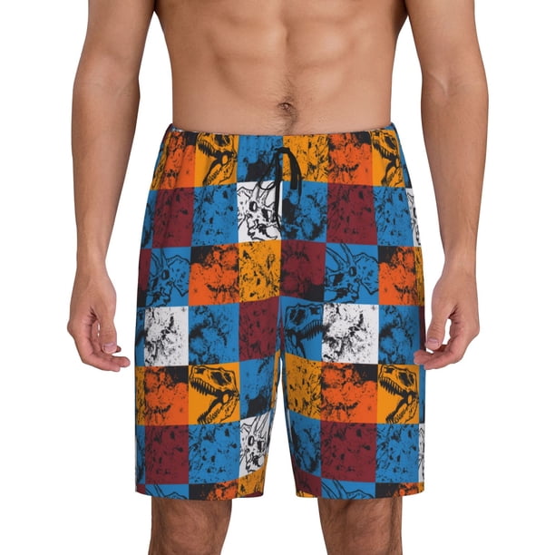 Balery colorful plaid Dinosaur Pantalones cortos de pijama de punto de algodón para hombre con cinturilla y bolsillos-X-Large