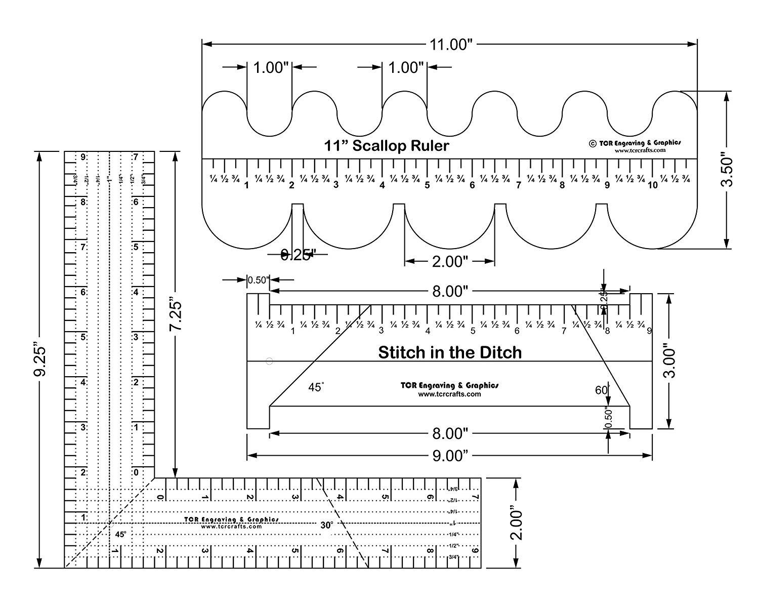 3 Ruler Set -11" Scallop, 9" Stitch in The Ditch, 9" L-Shaped 1/4"- Clear Acrylic - Quilting/Sewing