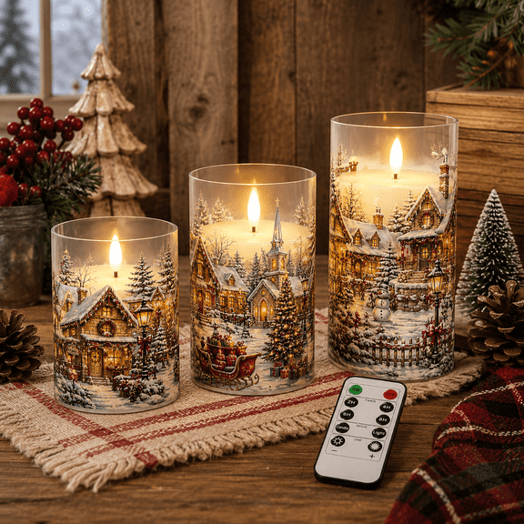 3PCS Flameless LED Candles, Christmas Town Snow Scene Printed Battery Operated Flickering Electronic Pillar Candles with Remote Control & Timer, Tabletop Decor for Christmas Winter Home Decoration