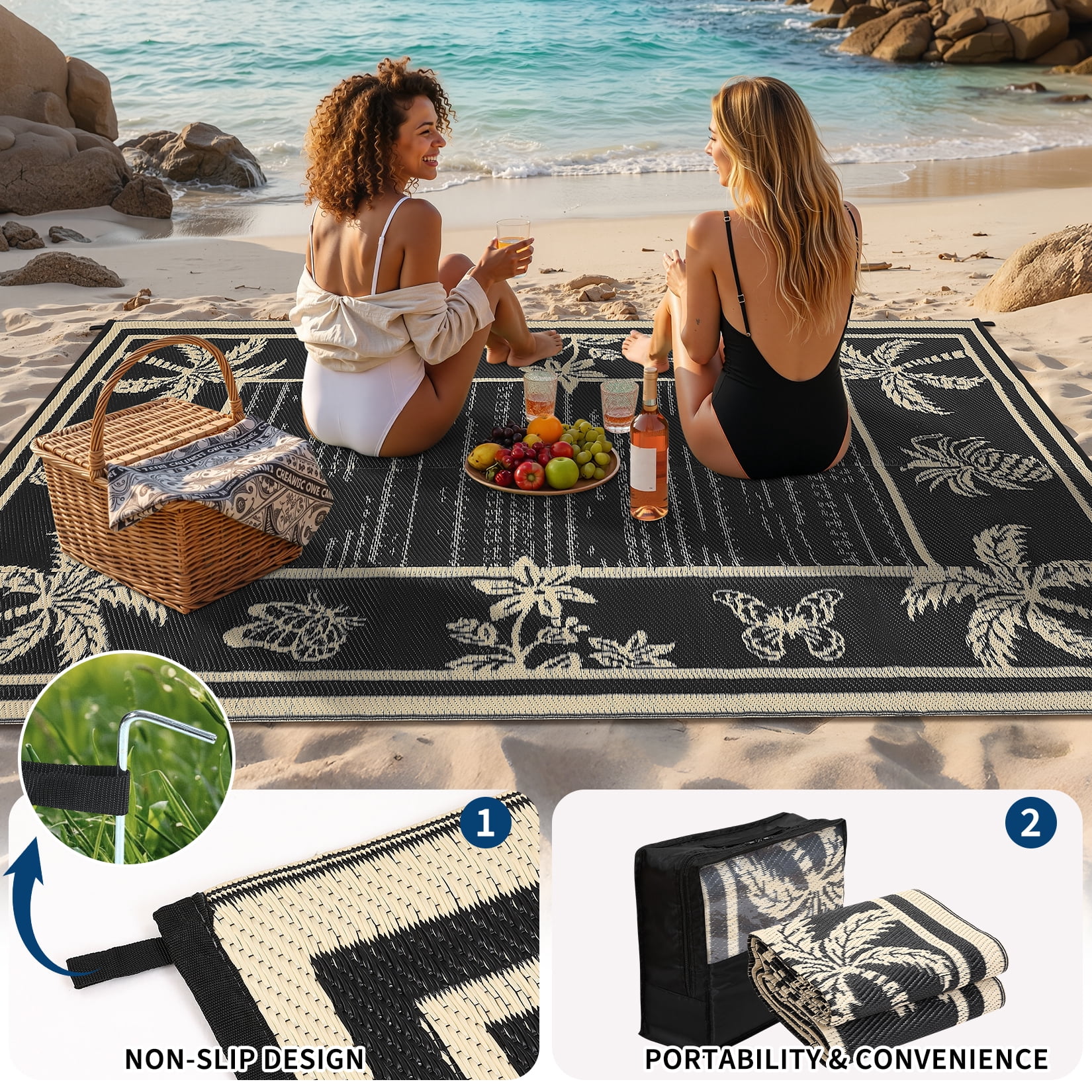 Nanan 9'x12' Outdoor Rug, Waterproof Reversible Patio Rug, Portable Foldable Floor Cover for Camping, Picnic, Beach, Deck, Backyard, Black Coffee