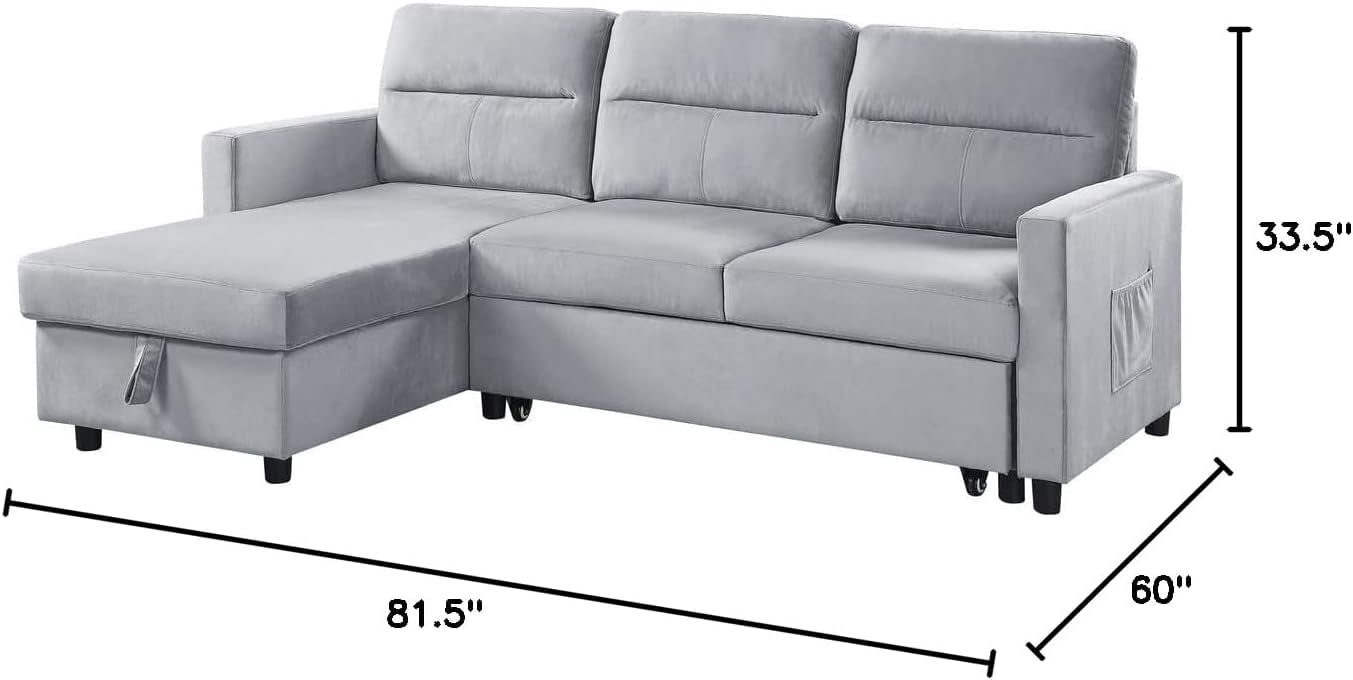 Howcool 82" Reversible Sleeper Sectional Sofa, L-Shaped Pull Out Couch with Storage Chaise & Side Pocket, Velvet Sofa Bed for Living Room, Light Gray
